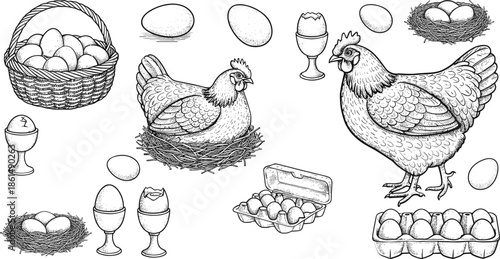 Chickens and eggs in various settings with nests baskets and cartons