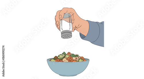 Enhancing culinary flavors with precise seasoning a hand shaking a modern salt dispenser over a vibrant bowl of wholesome ingredients for a