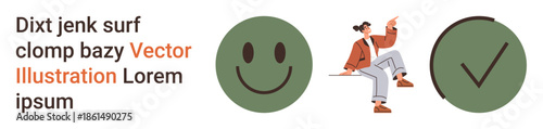 Business goals, positive attitude, communication, success indicators, achievement, human interaction. happy face, person sitting and checkmark icon. Positive attitude and business goals concept