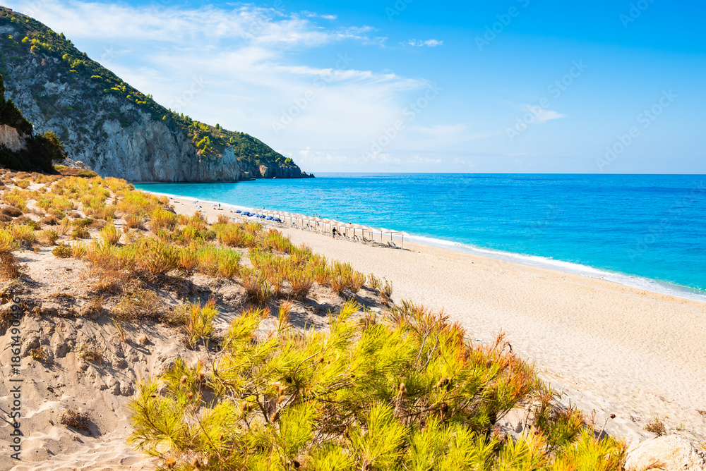 custom made wallpaper toronto digitalGreen plants in sand dune and view of amazing Milos beach, Lefkada island, Greece