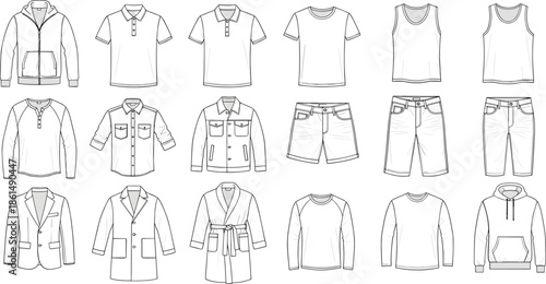 Collection of various clothing in black and white line fashion apparel garments line black and white
