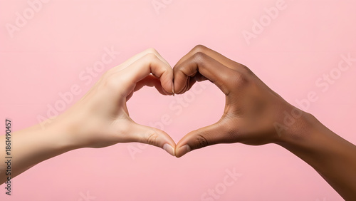 Two hands forming heart shape on pink background for valentine's day
