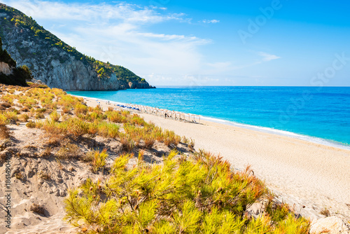 Wallpaper Mural Green plants in sand dune and view of amazing Milos beach, Lefkada island, Greece Torontodigital.ca