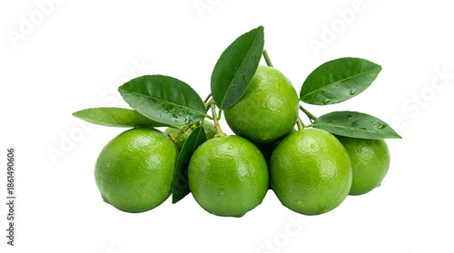 Fresh cluster of vibrant green limes with attached wet leaves on transparent background