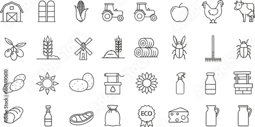 Farm and symbols for agriculture and food production line black and white barn silo