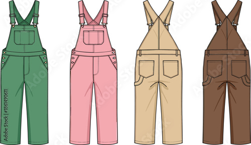 Colorful overalls in green pink beige and brown dungarees jumpsuit straps pockets