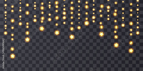 Fairy garland hanging strings. Light bulbs curtain, star festoon header. Christmas decoration png, holiday lamp ball, gold glitter festive pattern. 3d wire wedding ornament, warm bokeh lightbulb frame