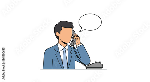 An illustration featuring a well-dressed professional actively engaged in a landline phone call, with an empty speech bubble for conveying various