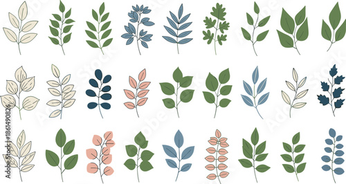 Various colored leaves on stems green blue pink