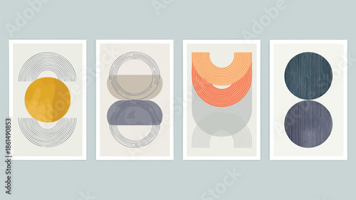 Vibrant modern art prints with geometric shapes and bold colors on display