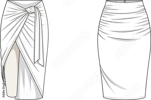 White pencil of two different ruched skirts white skirt pencil fashion clothing skirt tied skirt