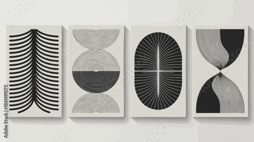 Modern black and white abstract art pieces on display