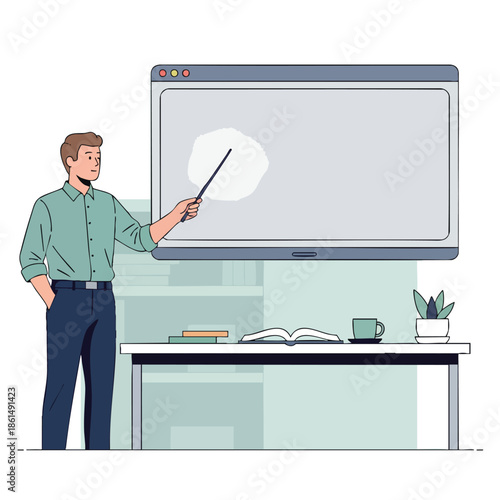 Professional Man Pointing at Screen with Pointer.