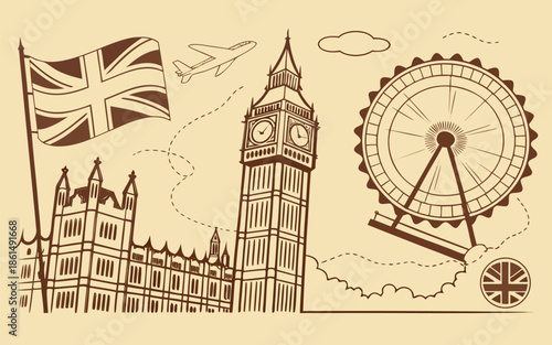 Vintage postage stamp London design vector with retro postal stamp. UK travel, philately, Big Ben illustration, perforated border, mail art, commemorative stamp style and Britain heritage.