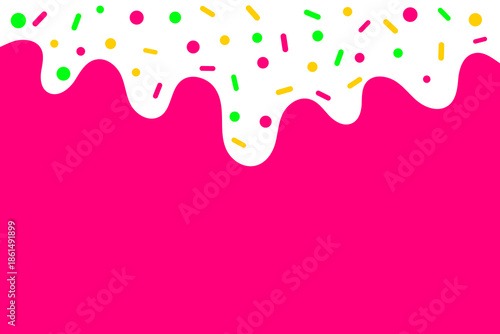 White Dripping Icing with Colorful Sprinkles on Pink Background. Abstract Dessert Background. Vector Illustration