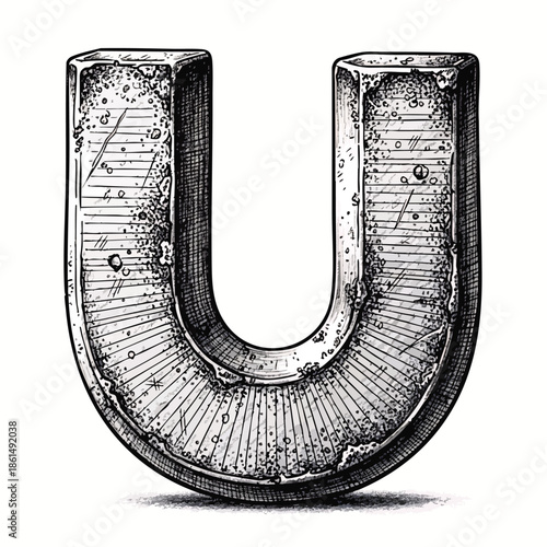 Vintage Engraved Uppercase Letter U in Rustic Metallic Style.