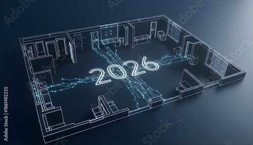 A digital business plan concept features a house plan blueprint and 3d architecture design on a computer screen for a modern engineering project 2026