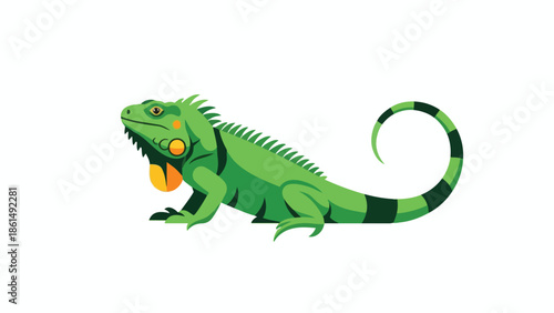 Vibrant tropical green iguana illustration with distinctive orange dewlap and striped tail a charming reptile graphic