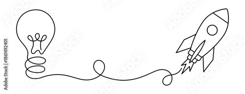 Light bulb connected to rocket symbolizing idea launch, creative thinking, innovation, startup growth, inspiration turning into action, progress, motivation and business psychology concept.