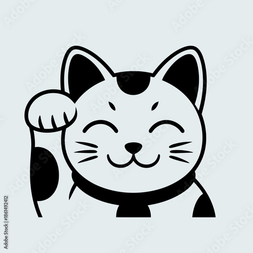 Simple black and white line art illustration of a waving cat with a friendly expression and closed eyes