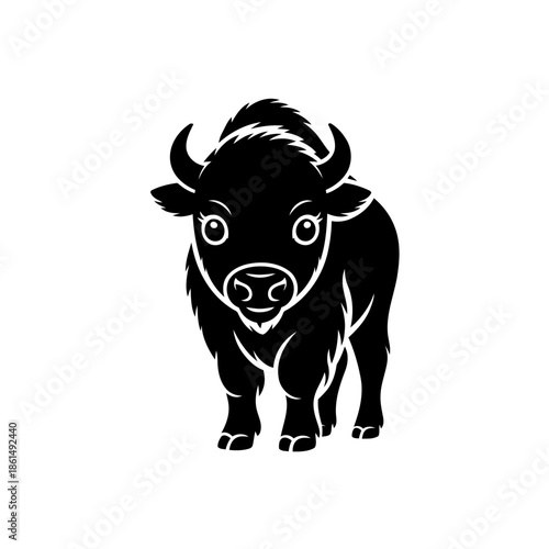Majestic bison standing proudly with horns and shaggy fur in a simple black and white design