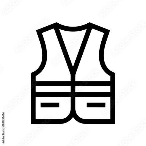 Simple black and white graphic illustration of a safety vest on a clean white background