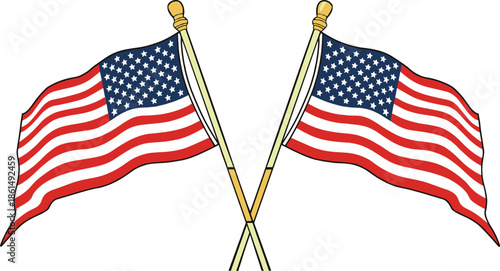 Cartoon-style illustration of two American flags crossed with golden poles, symbolizing patriotism and national pride, with bold red, white, and blue stripes and stars.