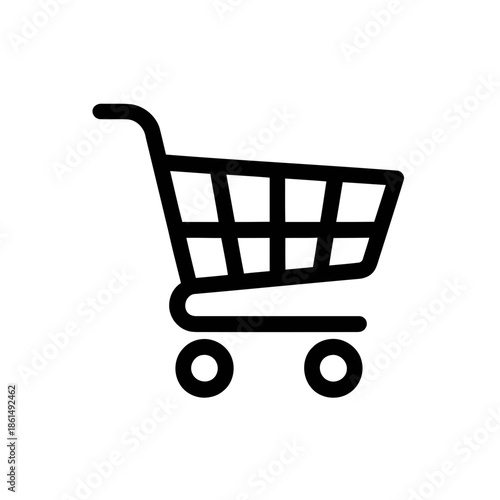 Simple black shopping cart icon on white background representing e-commerce and online shopping with a minimalist design