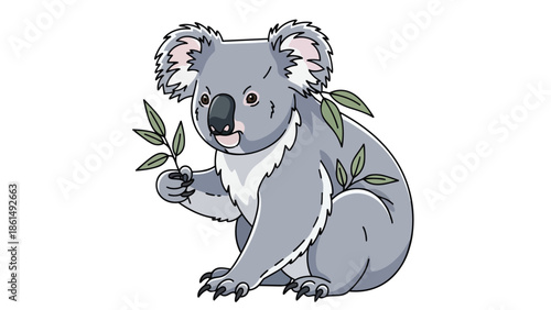 charming grey koala illustration holding fresh eucalyptus branch with vibrant green leaves a delightful australian marsupial cartoon character