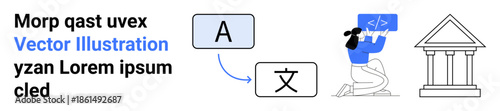 Translation services, digital learning, coding, education tools, technology integration, programming. text box symbols, code editing and academic institution. Translation and digital learning