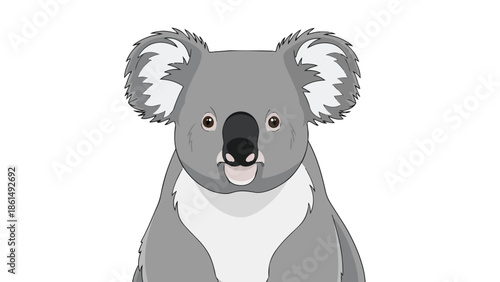 Charming illustrative depiction of an adorable koala bear with soft grey fur and distinctive fluffy white ears, presented on a clean background,
