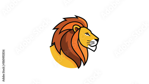 Modern graphic illustration of a lion's head in profile with a vibrant mane and strong features, portraying royalty and power in a simplified