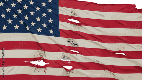 Vintage distressed American flag with tears and worn-out edges, symbolizing resilience and history, perfect for patriotic and historical themes
