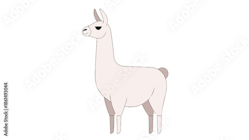 A whimsical digital illustration of a charmingly simple llama with soft pastel hues and a composed expression standing gracefully on a pure white
