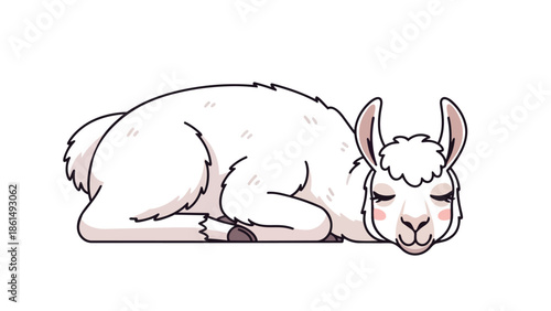 A charming illustration of a peaceful white cartoon llama, deeply sleeping. This adorable fluffy creature rests serenely, eyes closed, radiating