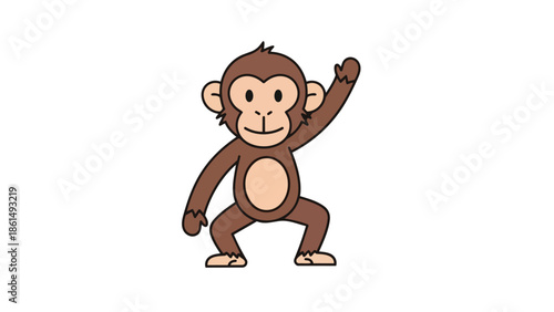 This charming cartoon monkey illustration features a friendly primate in a dynamic stance with one arm raised portraying joyful energy and playful