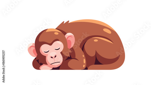 A charming flat design illustration of a small brown monkey deeply asleep in a comfortable curled position representing peaceful rest and tranquil