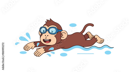Animated cartoon monkey happily swimming with blue goggles, creating joyful splashes in the water