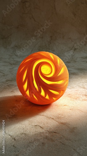 Intricate carved orange sphere with internal glow on textured stone background.