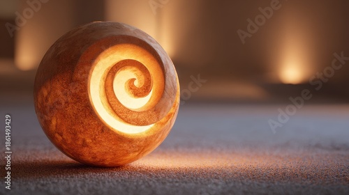 Hand carved stone sphere with glowing spiral pattern on sand surface.