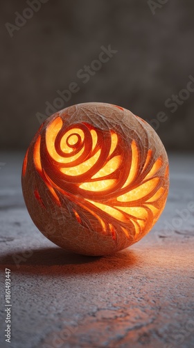 Intricate hand-carved spherical lamp glowing with warm orange light on stone surface