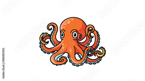 A cheerful orange cartoon octopus with large, welcoming eyes and dynamically curled tentacles, presented on a pristine white background, radiating
