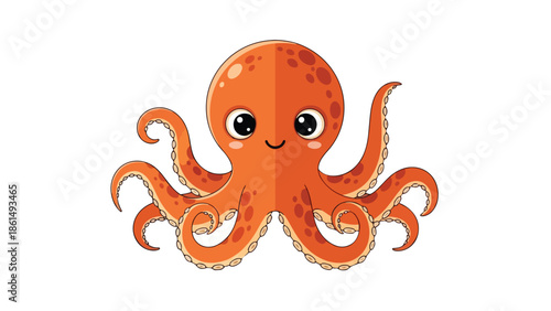 A charmingly illustrated cartoon octopus with a friendly demeanor and vibrant orange hues against a clean white background, perfect for kids' themes
