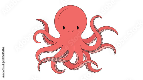 A delightful, simplistic cartoon octopus with a friendly smile and bright coral hue, perfectly designed for children's illustrations, playful