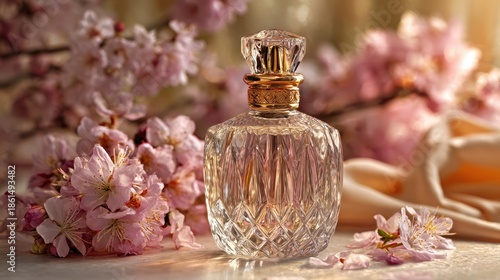 Luxury crystal perfume bottle surrounded by elegant blooming pink cherry blossoms