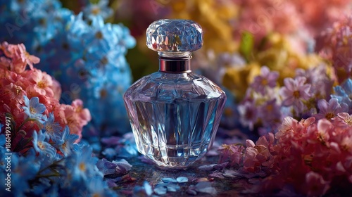 Elegant cut glass perfume bottle set amidst a vibrant bed of blue and pink spring flowers