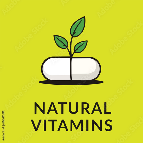 Natural Vitamins Concept Illustration with a Growing Plant Leaf from a White Capsule Pill on a Lime Green Background