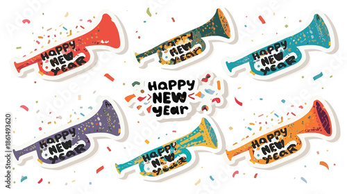 illustration template featuring a set of vibrant trumpet-shaped stickers with a flat design style, adorned with celebratory patterns and confetti with png Transparent 