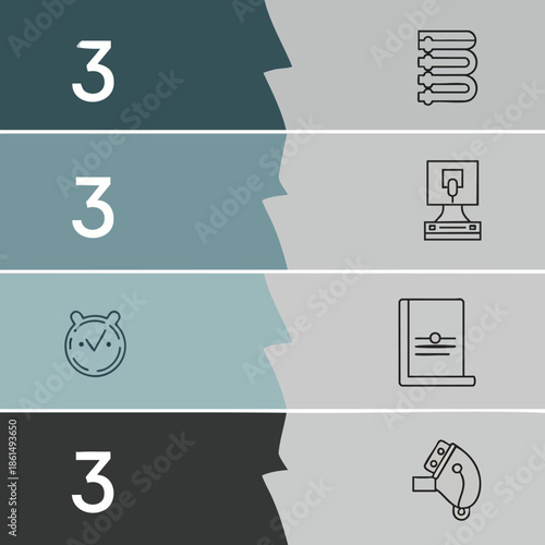 Monochrome Line Icons of Pipes Computer Clock Book Headphones.