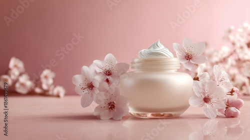 Glass jar of white skincare cream with cherry blossoms on pink background